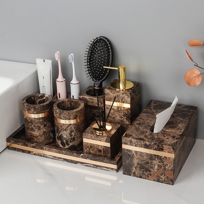 Zara Home Bathroom Set - Emperador koyu doğal mermer banyo Set