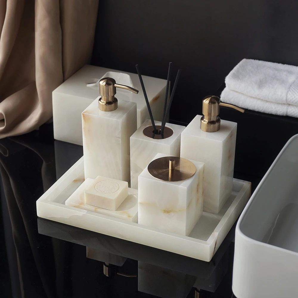 Zara Home Bathroom Set - Beyaz Oniks Doğal Mermer Banyo Aksesuar